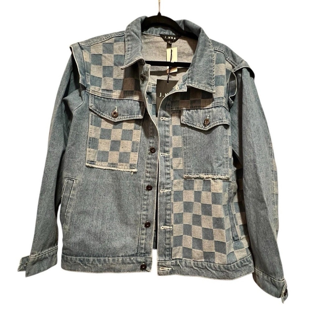 Womens Denim Jean Jacket J.NNA Checkered Blue  Patch 100% Cotton‎ Size M